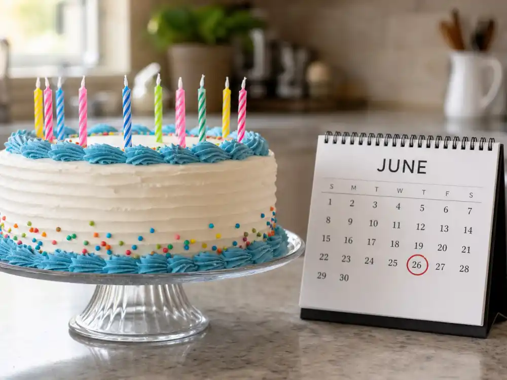 June 26 birthday cake and calendar marking how old is Ariana Grande each year when fans celebrate her Cancer birth date