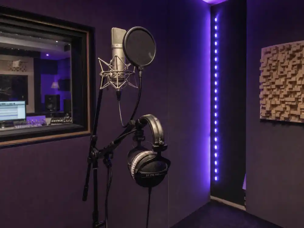 Recording studio vocal booth evoking how old is Ariana Grande career arc from teenage Broadway roles to Grammy-winning global pop stardom