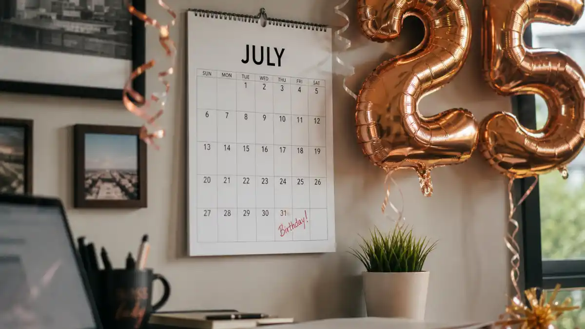 How old is Arnold Schwarzenegger — desk calendar open to July with birthday decorations marking his Leo birth date
