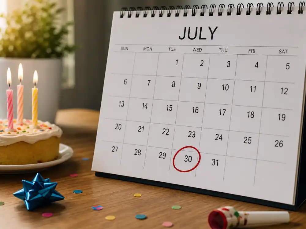 July 30 birthday calendar and candles marking how old is Arnold Schwarzenegger each year when fans celebrate his Leo birth date