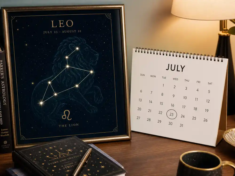 Leo zodiac chart beside July calendar for how old is Arnold Schwarzenegger — July 30 birth date places him under the Leo sign in Western astrology