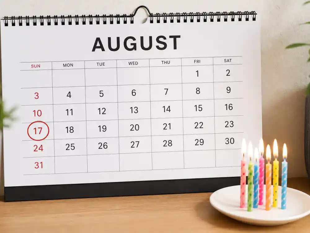 August 17 birthday calendar and candles marking how old is Austin Butler each year when fans celebrate his Leo birth date