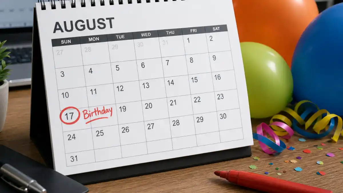 How old is Austin Butler — desk calendar open to August with birthday decorations marking his Leo birth date