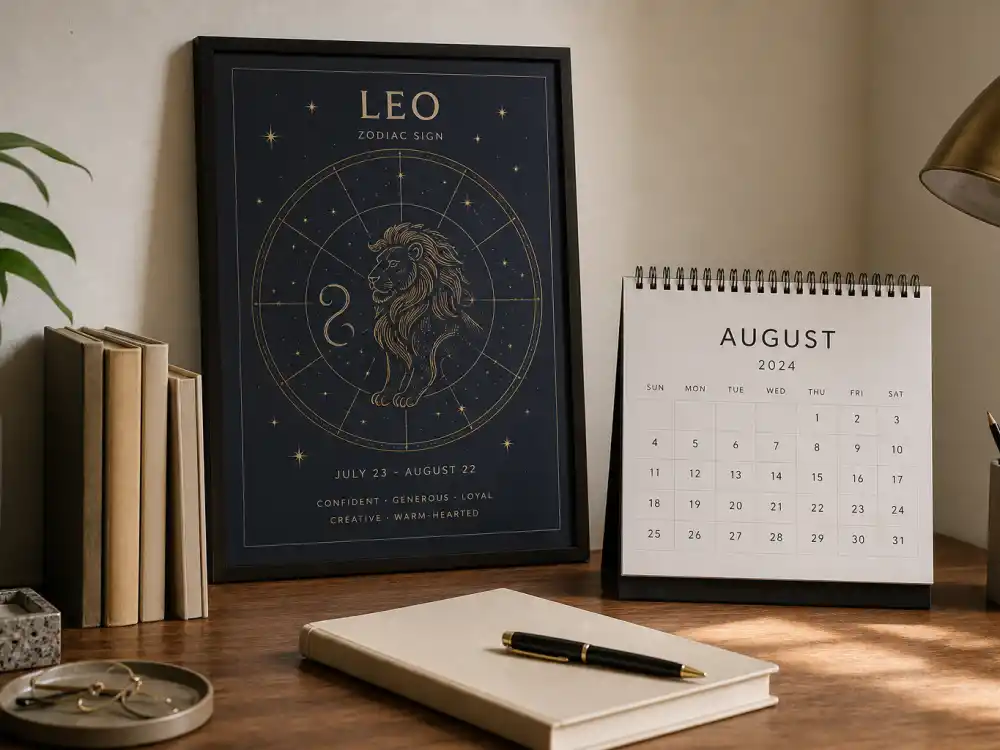 Leo zodiac chart beside August calendar for how old is Austin Butler — August 17 birth date places him under the Leo sign in Western astrology