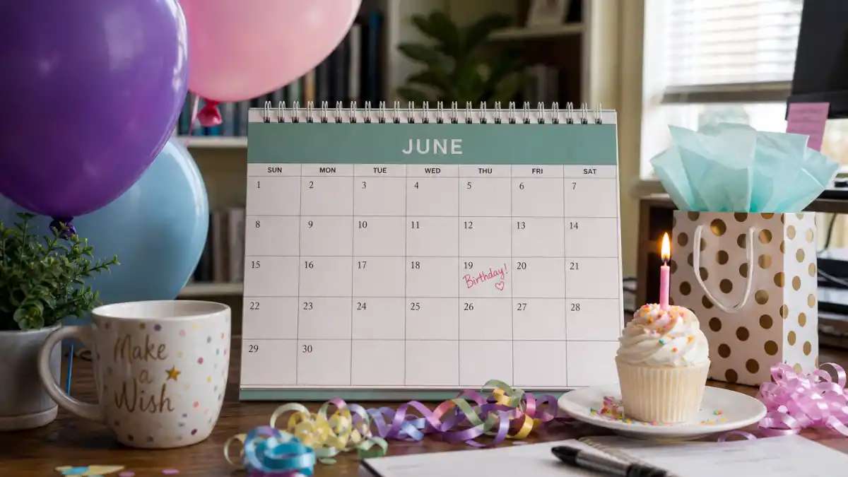 How old is Awkwafina — desk calendar open to June with birthday decorations marking her Gemini birth date
