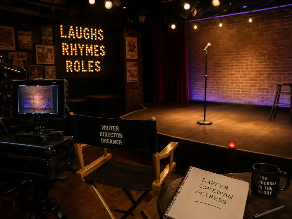 Comedy club film set reflecting how old is Awkwafina career arc from Long Island roots to Golden Globe-winning film and blockbuster Marvel stardom