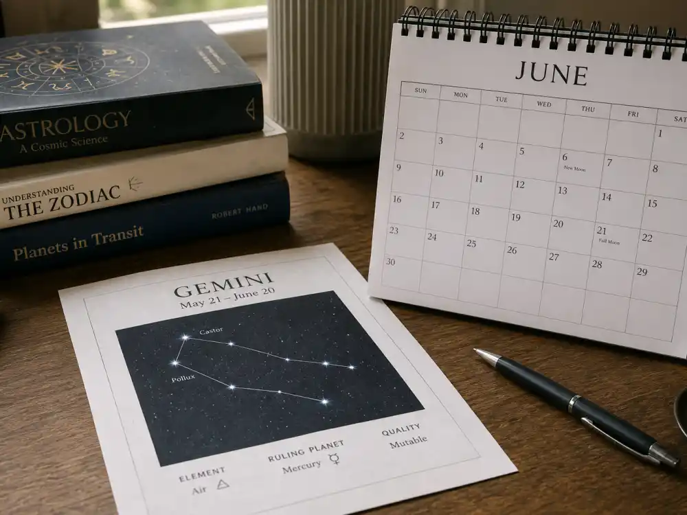 Gemini zodiac chart beside June calendar for how old is Awkwafina — June 2 birth date places her under the Gemini sign in Western astrology