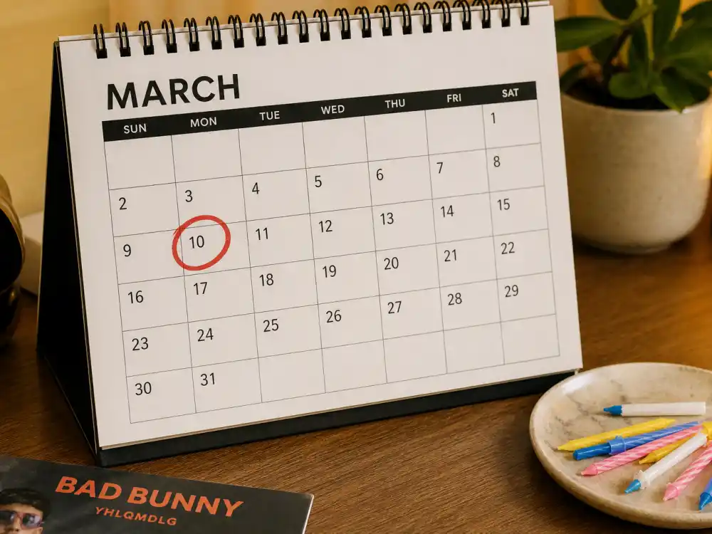 March 10 birth date calendar for how old is Bad Bunny verified age math editorial without identifiable faces