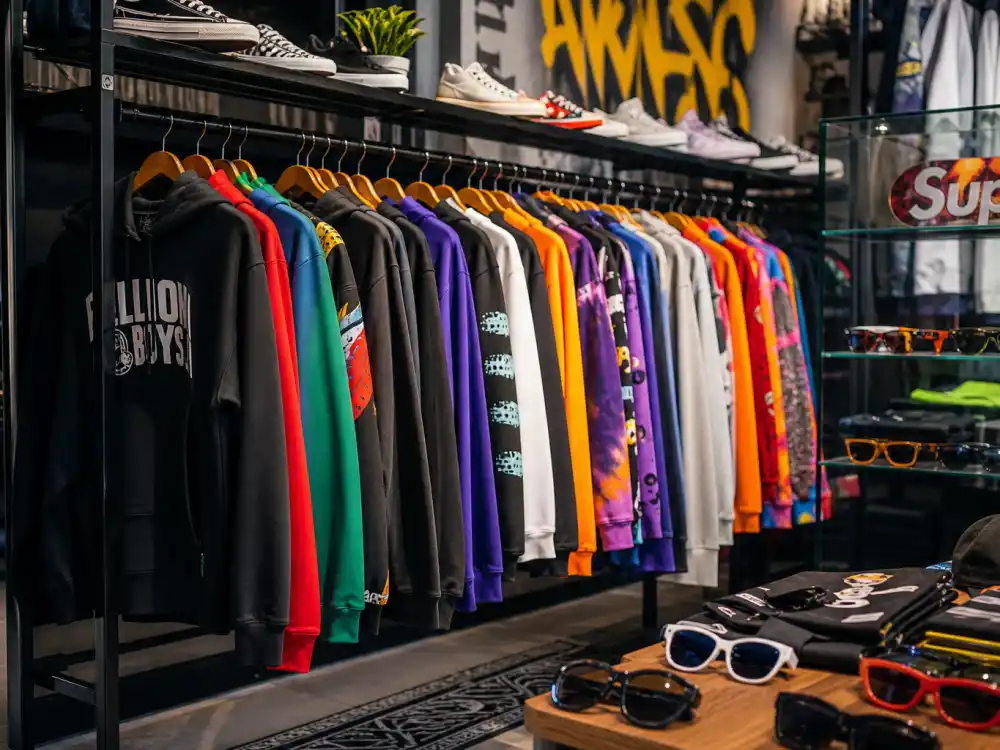 Streetwear fashion rack for how old is Bad Bunny style milestone editorial without identifiable faces