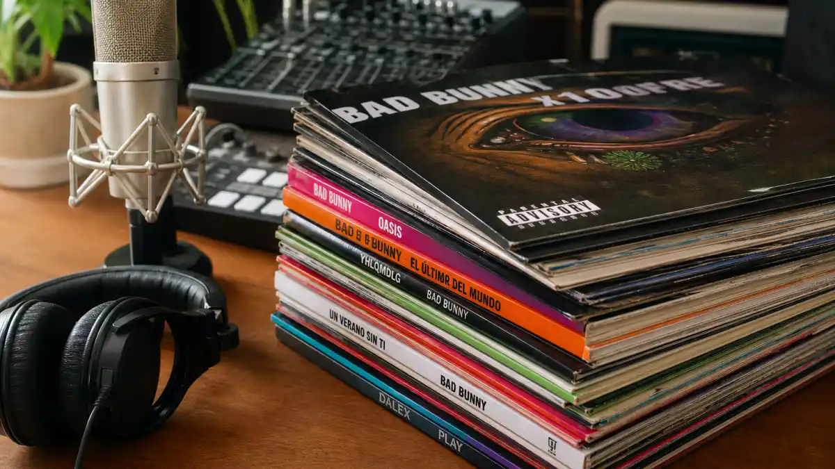 How old is Bad Bunny editorial hero — reggaeton vinyl stack and studio headphones without identifiable Bad Bunny likeness
