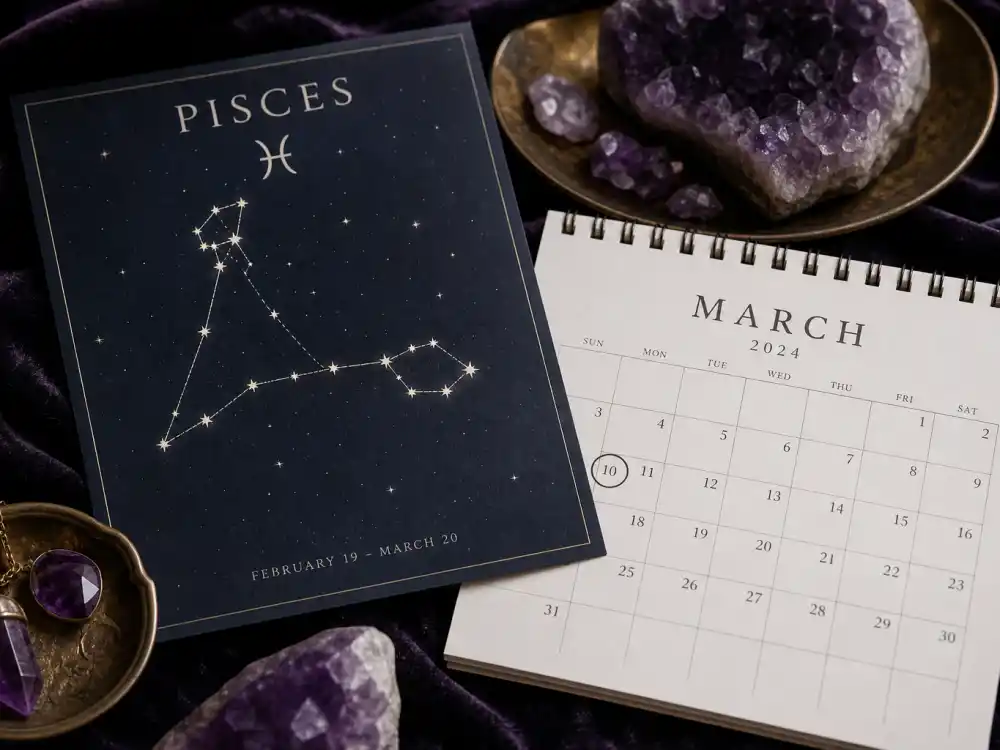 Pisces zodiac and March birthstone for how old is Bad Bunny astrology bio editorial without identifiable faces