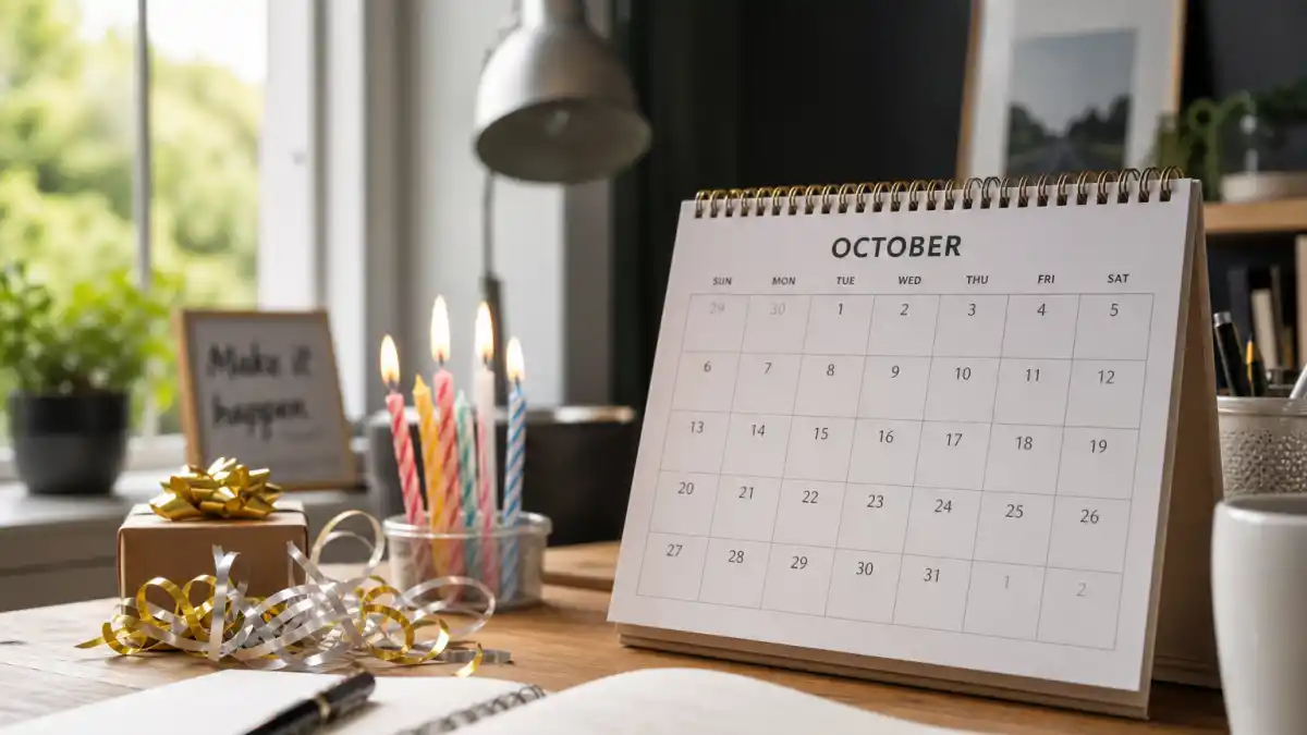 How old is Barry Keoghan — desk calendar open to October with birthday decorations marking his Libra birth date