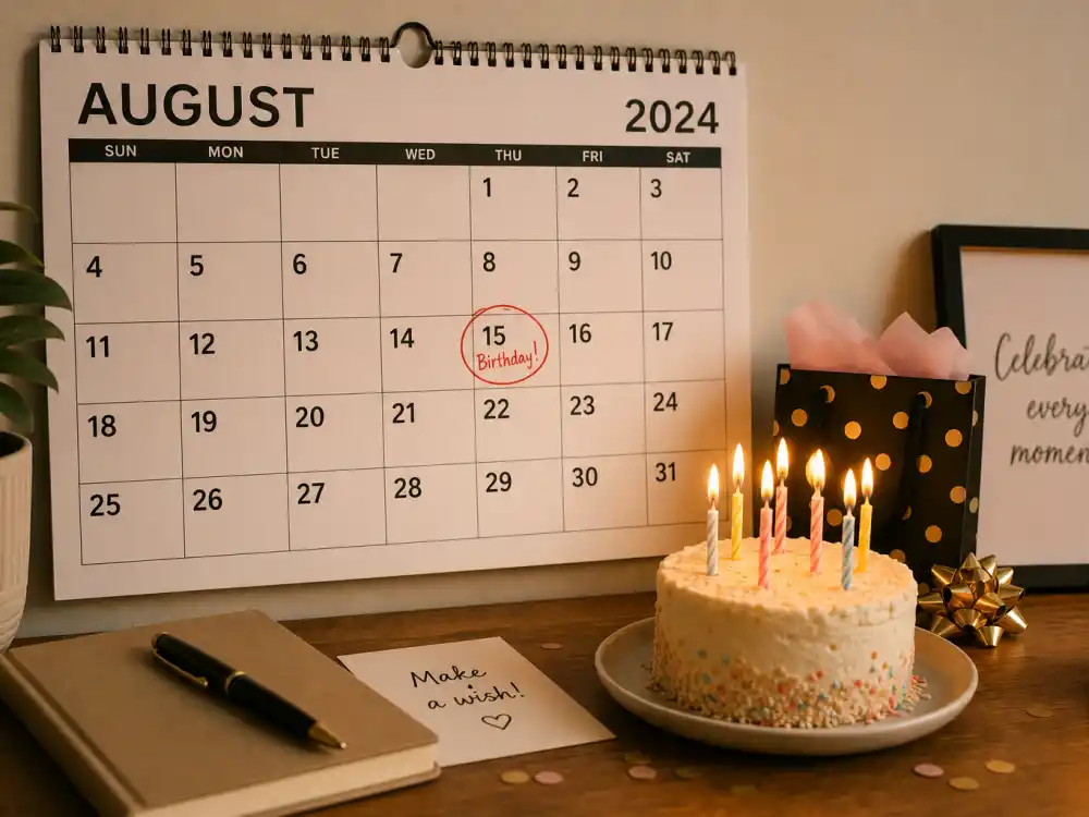 August 15 birthday calendar and candles marking how old is Ben Affleck each year when fans celebrate his Leo birth date