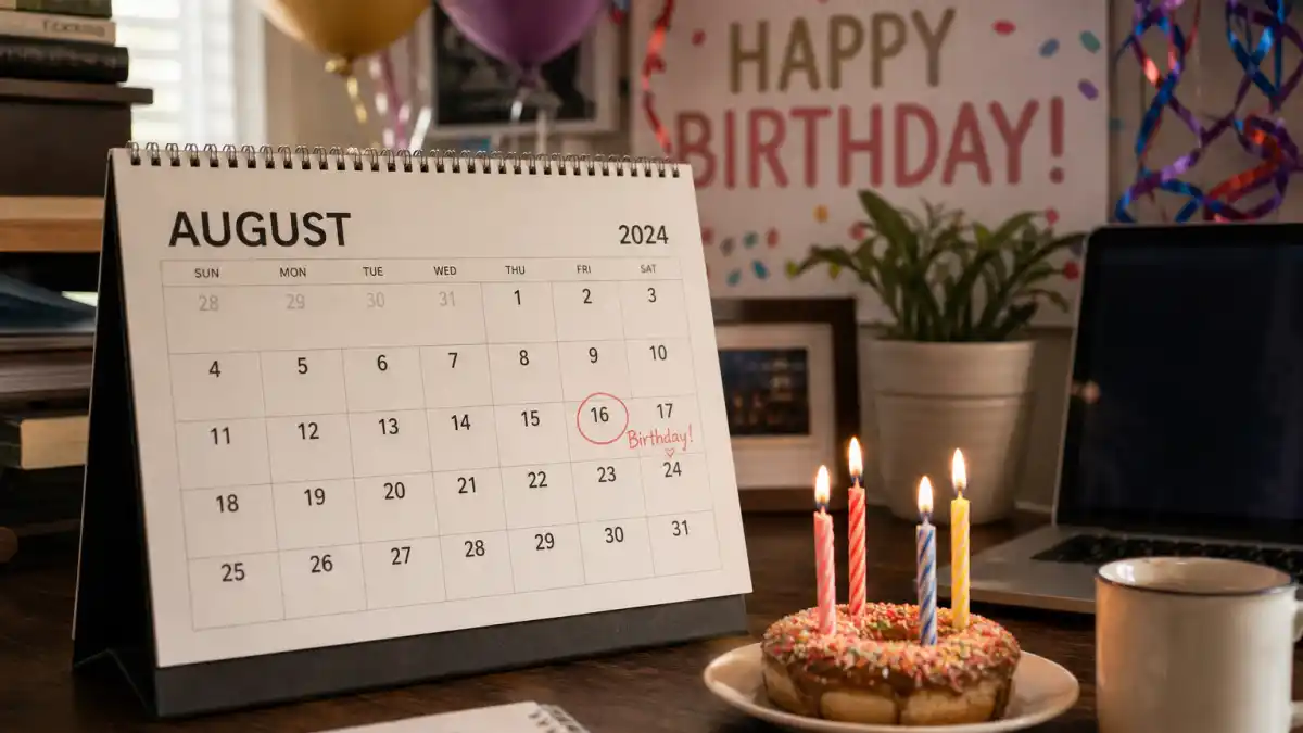 How old is Ben Affleck — desk calendar open to August with birthday decorations marking his Leo birth date