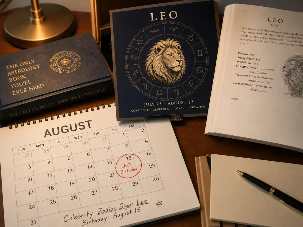 Leo zodiac chart beside August calendar for how old is Ben Affleck — August 15 birth date places him under the Leo sign in Western astrology