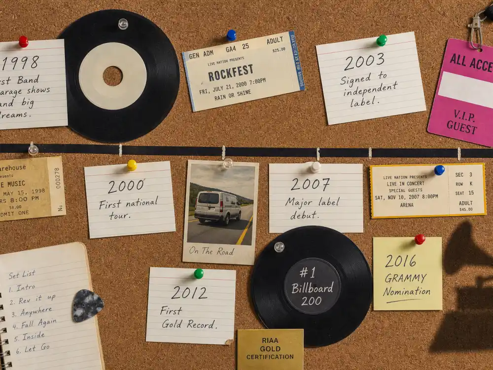 Music career timeline cork board for how old is Beyonce decade milestone editorial without identifiable faces