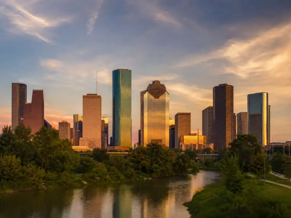 Houston Texas skyline at dusk for how old is Beyonce birthplace context editorial without identifiable faces
