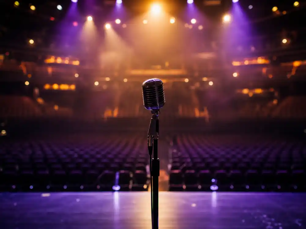 Concert stage microphone silhouette from behind for how old is Beyonce music career age editorial without identifiable faces