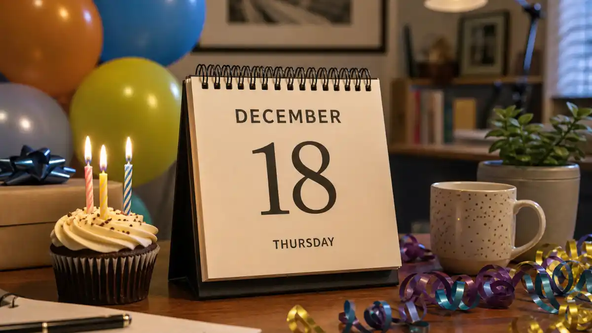 How old is Billie Eilish — desk calendar open to December 18 with birthday candles marking her Sagittarius birth date