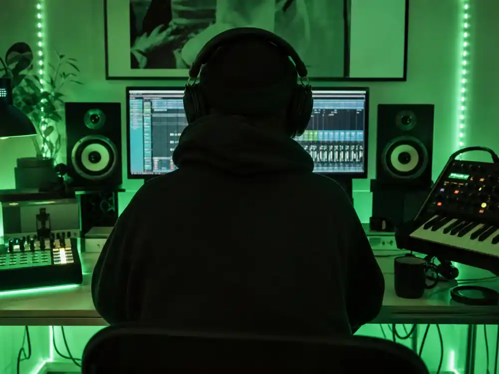 Green-tinted bedroom studio seen from behind — how old is Billie Eilish career began with home recordings alongside her brother Finneas