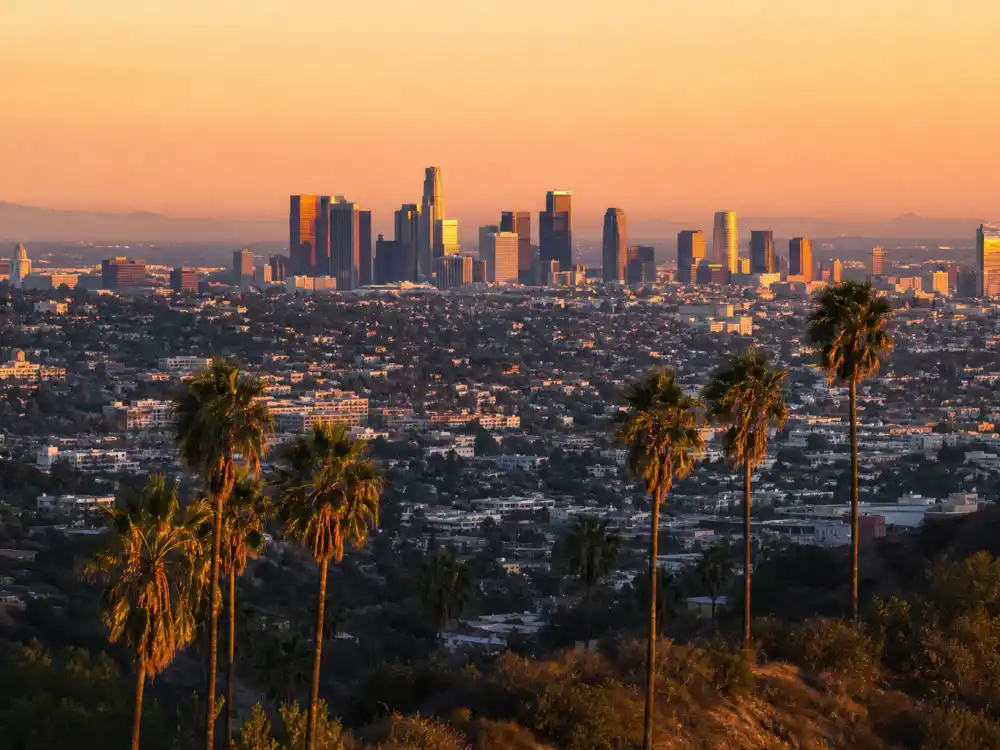 Los Angeles skyline at golden hour near where Billie Eilish was born on December 18, 2001 — how old is Billie Eilish birthplace context
