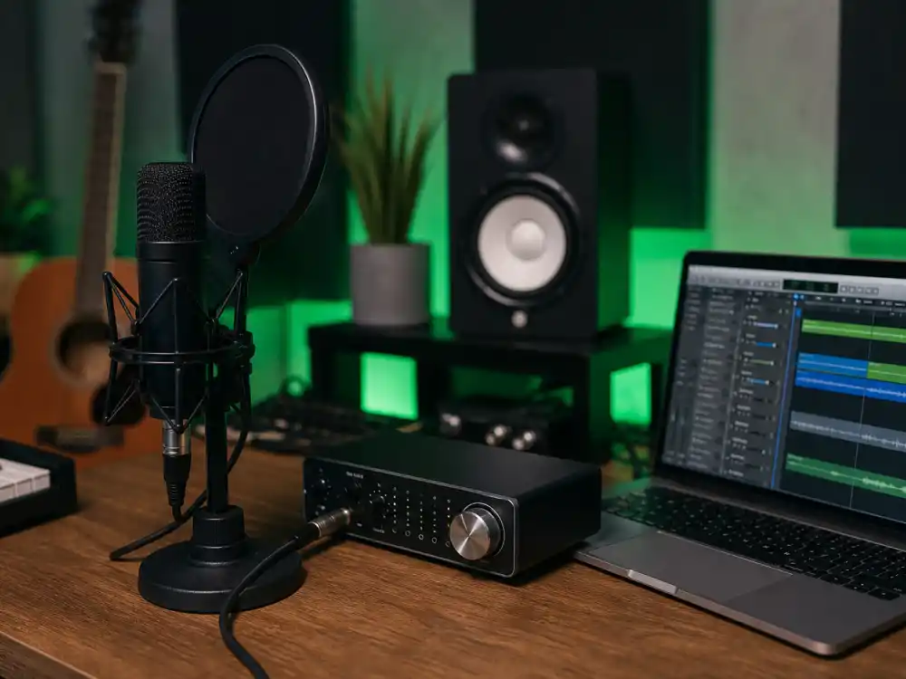 Home recording studio setup evoking how old is Billie Eilish career arc from teenage bedroom demos to Grammy-winning global pop stardom