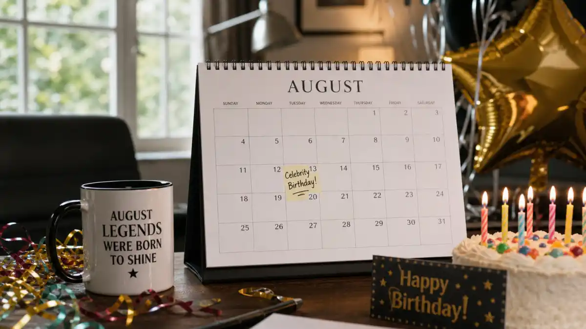 How old is Blake Lively — desk calendar open to August with birthday decorations marking her Virgo birth date
