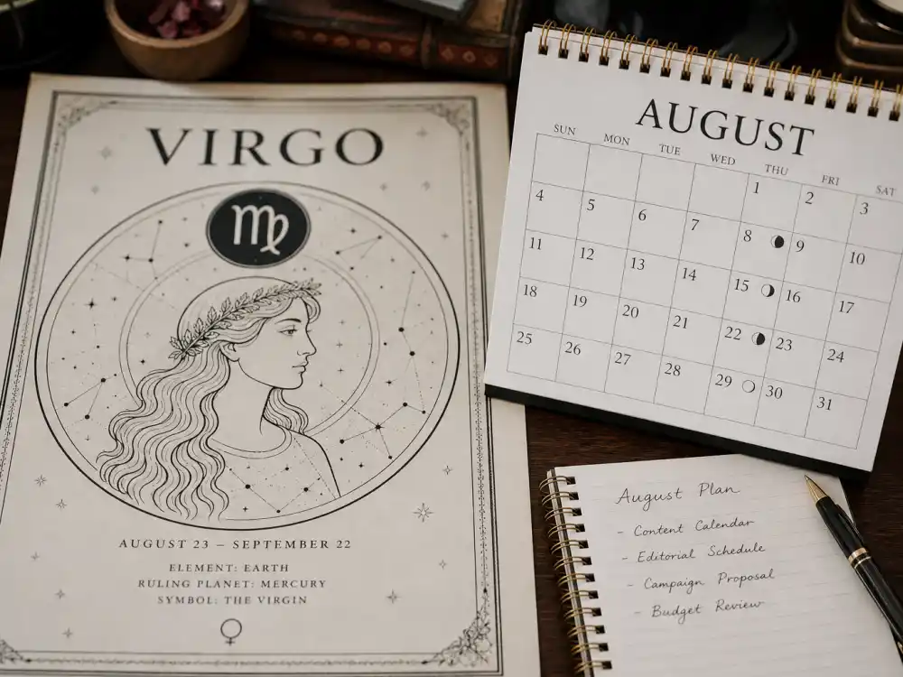 Virgo zodiac chart beside August calendar for how old is Blake Lively — August 25 birth date places her under the Virgo sign in Western astrology