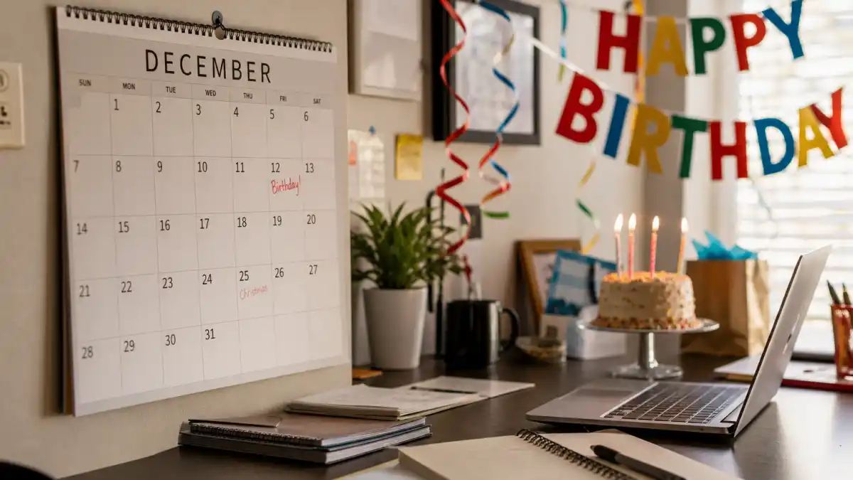 How old is Brad Pitt — desk calendar open to December with birthday decorations marking his Sagittarius birth date