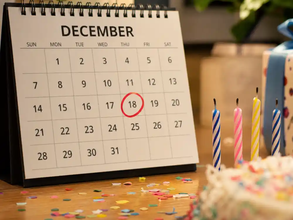 December 18 birthday calendar and candles marking how old is Brad Pitt each year when fans celebrate his Sagittarius birth date
