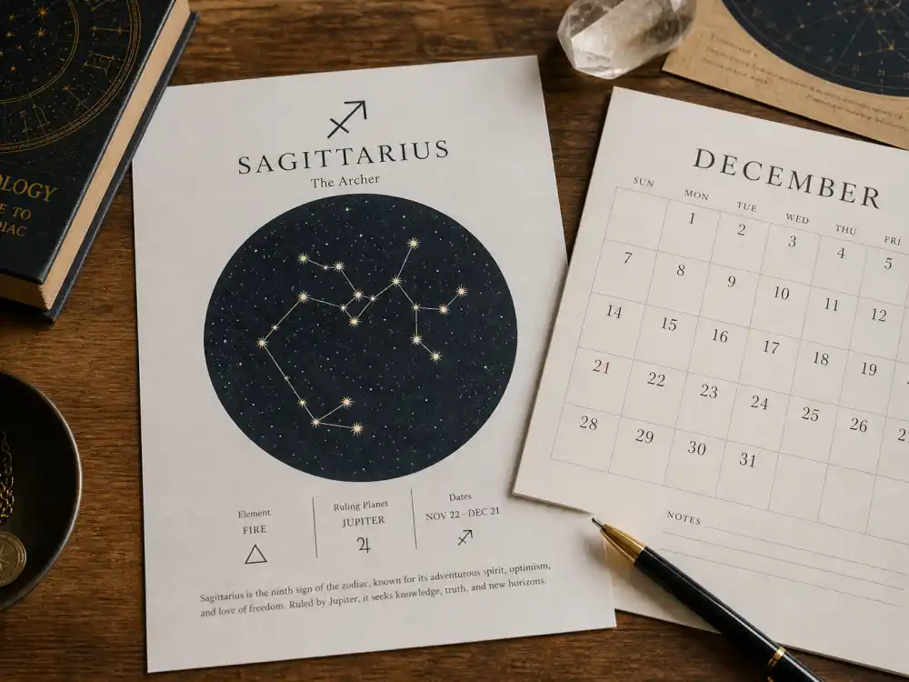 Sagittarius zodiac chart beside December calendar for how old is Brad Pitt — December 18 birth date places him under the Sagittarius sign in Western astrology
