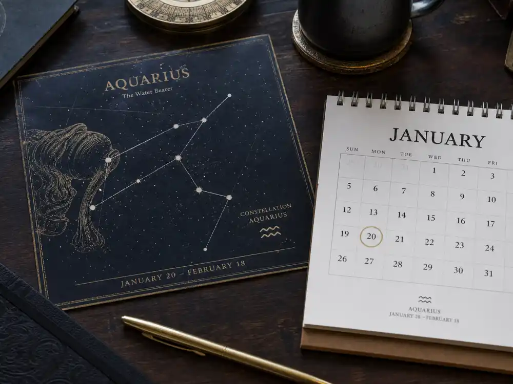 Aquarius zodiac chart beside January calendar for how old is Caitlin Clark — January 22 birth date places her under the Aquarius sign in Western astrology