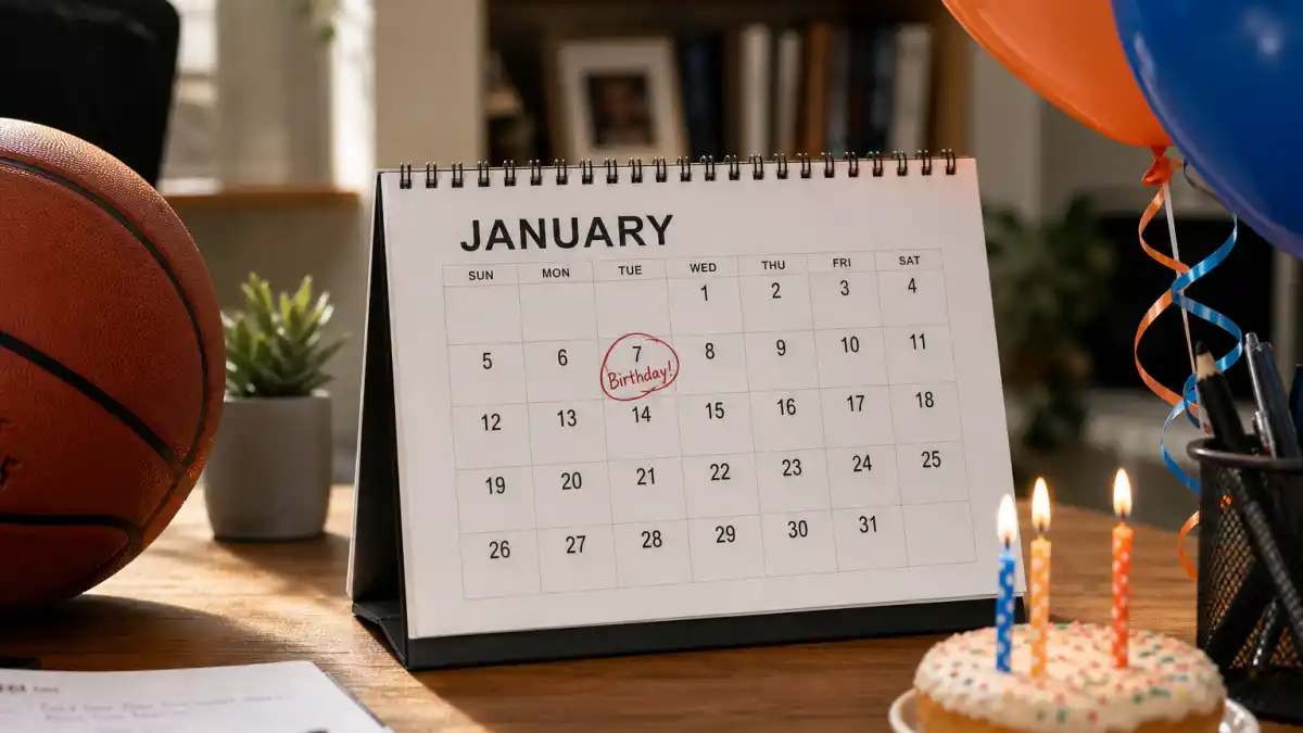 How old is Caitlin Clark — desk calendar open to January with birthday decorations and basketball marking her Aquarius birth date
