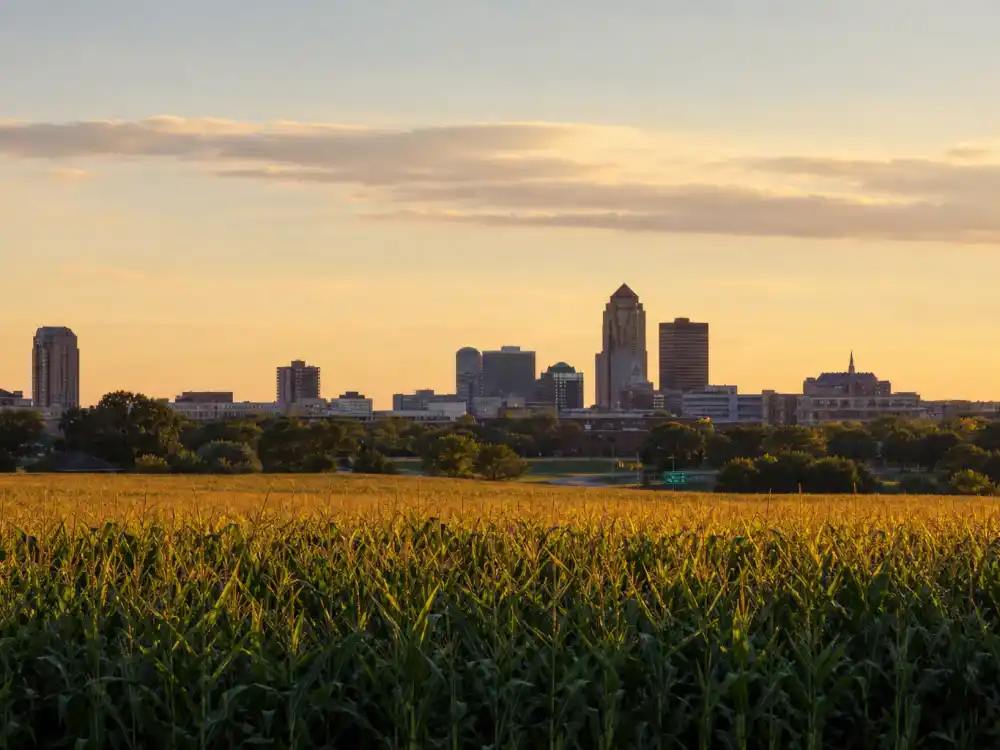 West Des Moines Iowa skyline evoking how old is Caitlin Clark birthplace — the city where Caitlin Clark was born on January 22, 2002