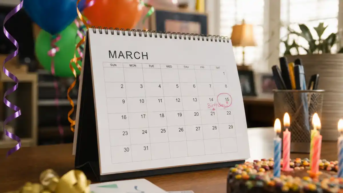 How old is Camila Cabello — desk calendar open to March with birthday decorations marking her Pisces birth date