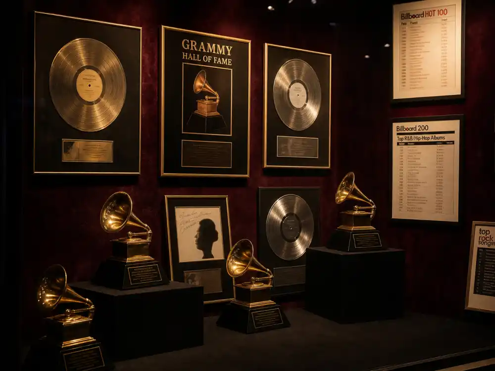Music industry award trophy display reflecting how old is Camila Cabello at her industry peak — chart-topping singles and Grammy nominations in her twenties