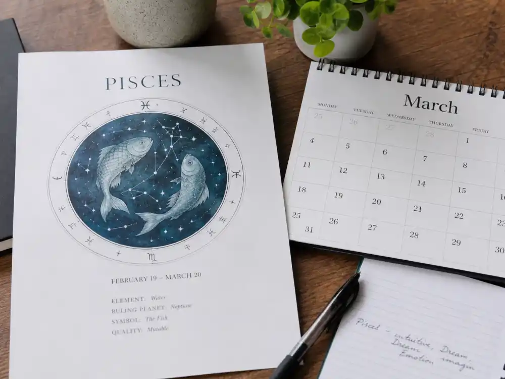 Pisces zodiac chart beside March calendar for how old is Camila Cabello — March 3 birth date places her under the Pisces sign in Western astrology