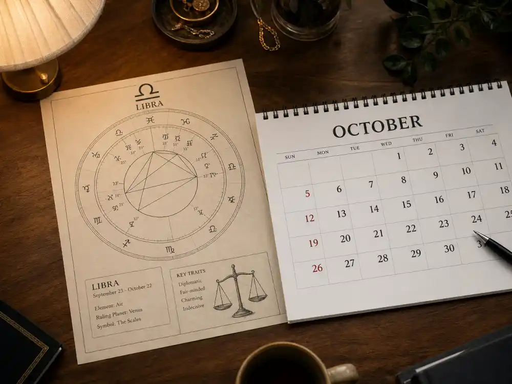 Libra zodiac chart beside October calendar for how old is Cardi B — October 11 birth date places her under the Libra sign in Western astrology