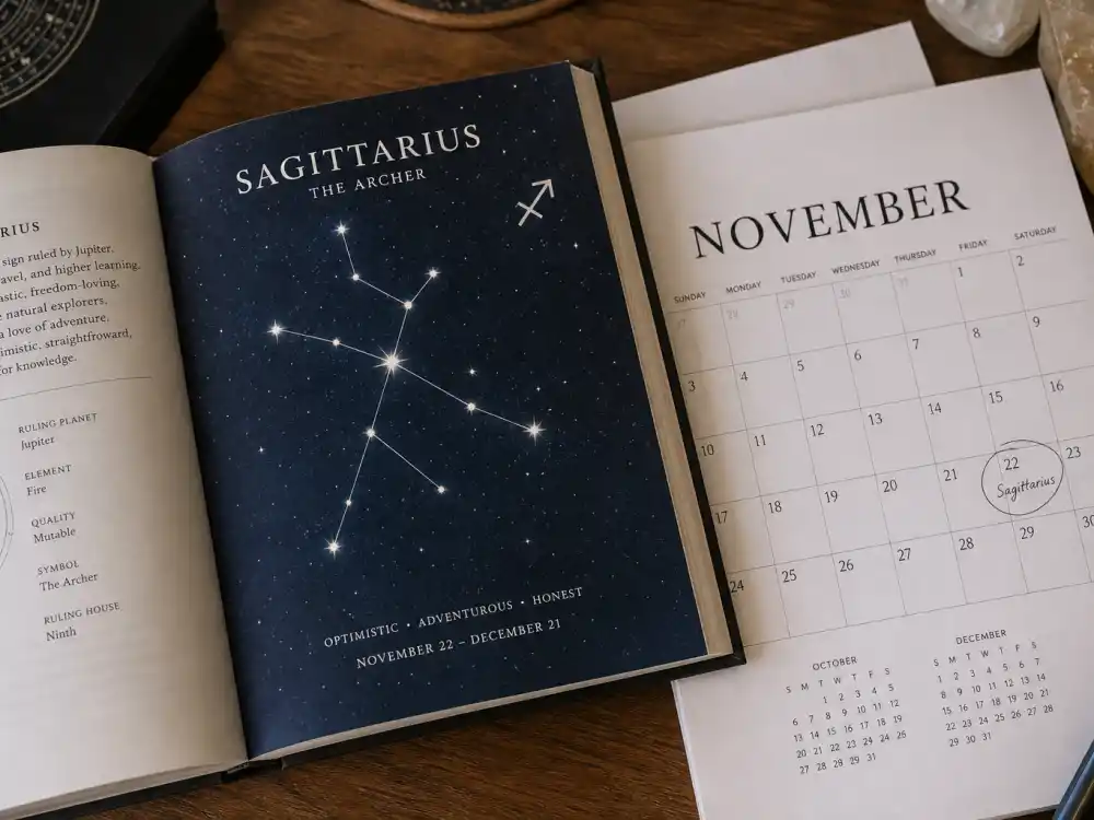 Sagittarius zodiac chart beside November calendar for how old is Chadwick Boseman — November 29 birth date places him under the Sagittarius sign in Western astrology