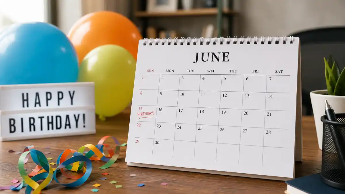 How old is Chris Evans — desk calendar open to June with birthday decorations marking his Gemini birth date
