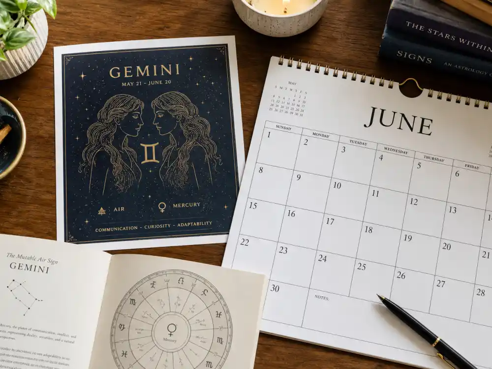 Gemini zodiac chart beside June calendar for how old is Chris Evans — June 13 birth date places him under the Gemini sign in Western astrology