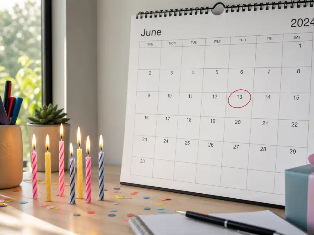 June 13 birthday calendar and candles marking how old is Chris Evans each year when fans celebrate his Gemini birth date