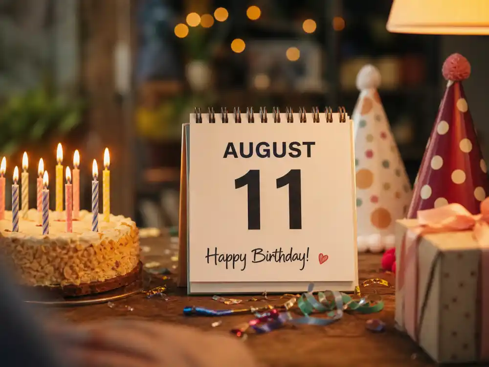 August 11 birthday calendar and candles marking how old is Chris Hemsworth each year when fans celebrate his Leo birth date