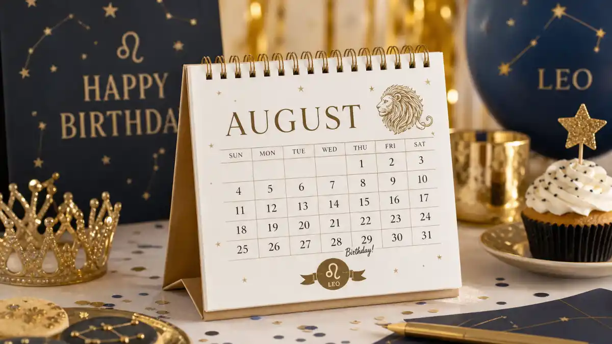 How old is Chris Hemsworth — desk calendar open to August with birthday decorations marking his Leo birth date
