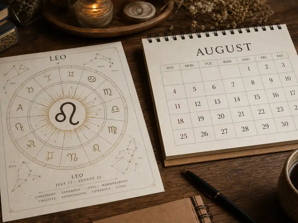 Leo zodiac chart beside August calendar for how old is Chris Hemsworth — August 11 birth date places him under the Leo sign in Western astrology