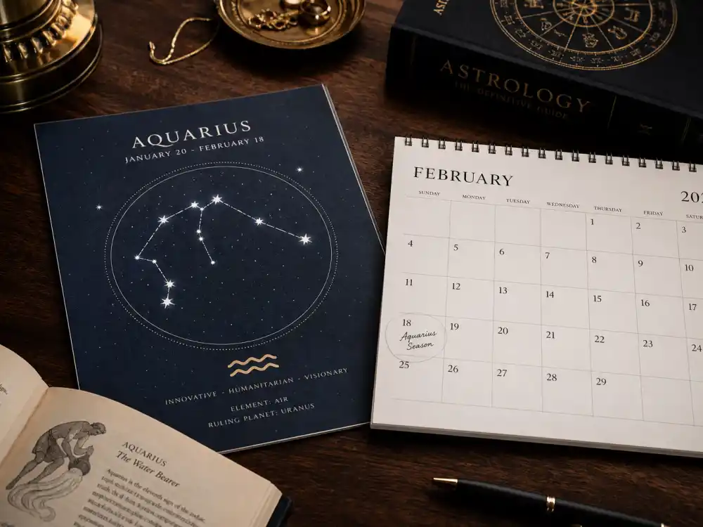 Aquarius zodiac chart beside February calendar for how old is Cristiano Ronaldo — February 5 birth date places him under the Aquarius sign in Western astrology