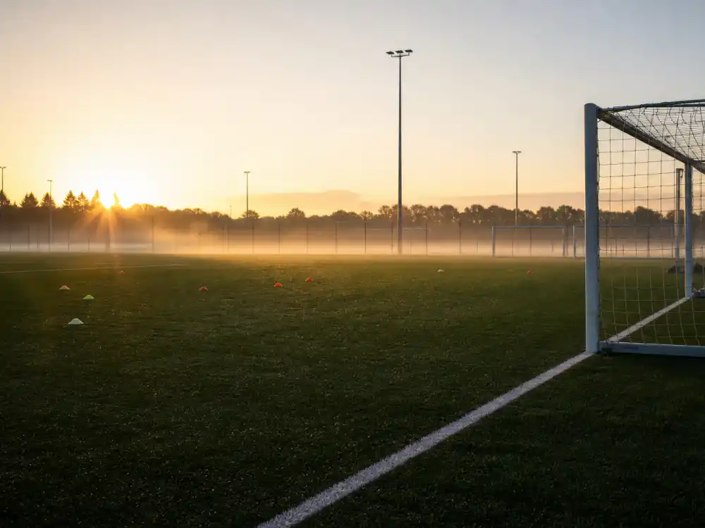 Soccer training field reflecting how old is Cristiano Ronaldo career arc from Sporting CP youth prodigy to Manchester United, Real Madrid, and global icon status