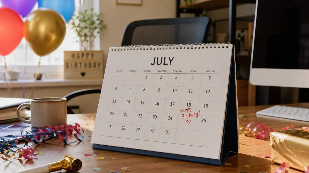 How old is Daniel Radcliffe — desk calendar open to July with birthday decorations marking his Leo birth date