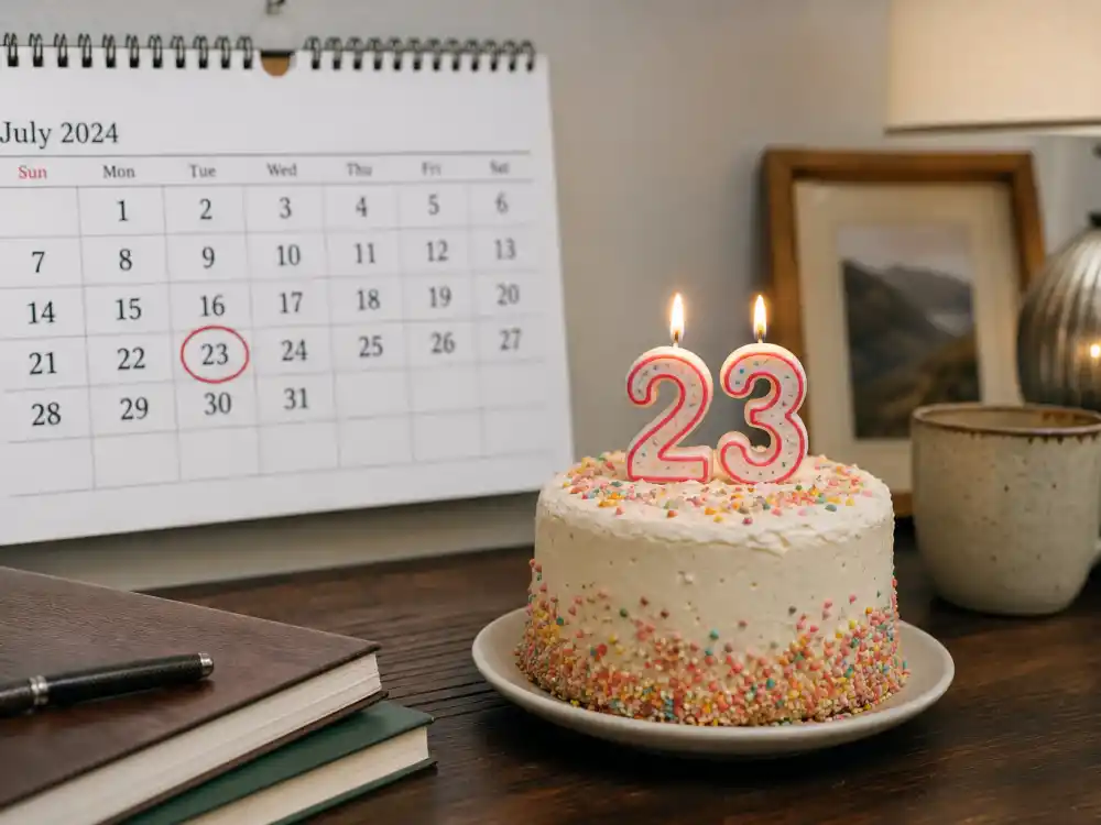 July 23 birthday calendar and candles marking how old is Daniel Radcliffe each year when fans celebrate his Leo birth date