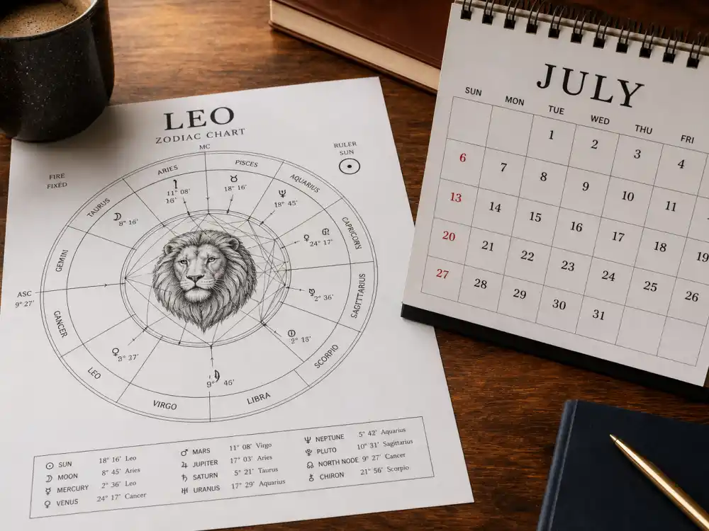 Leo zodiac chart beside July calendar for how old is Daniel Radcliffe — July 23 birth date places him under the Leo sign in Western astrology